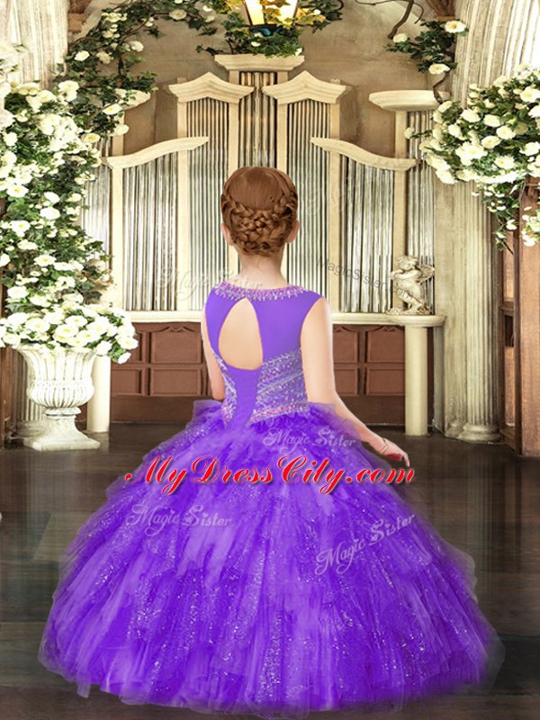 Modern Sleeveless Lace Up Floor Length Beading and Ruffles Little Girl Pageant Dress