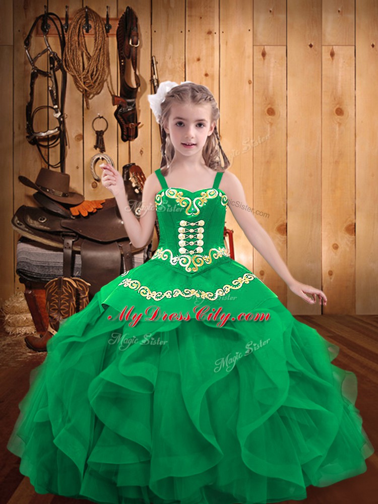 Straps Sleeveless Kids Formal Wear Floor Length Embroidery and Ruffles Turquoise Organza