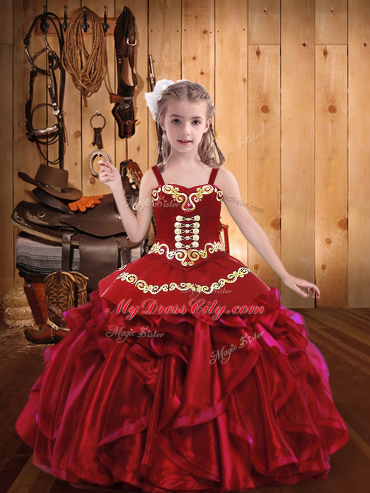 Red Sleeveless Embroidery and Ruffles Lace Up Girls Pageant Dresses