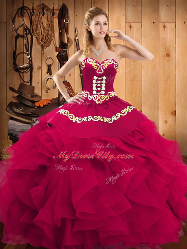 Sophisticated Satin and Organza Sleeveless Floor Length Quinceanera Gown and Embroidery and Ruffles