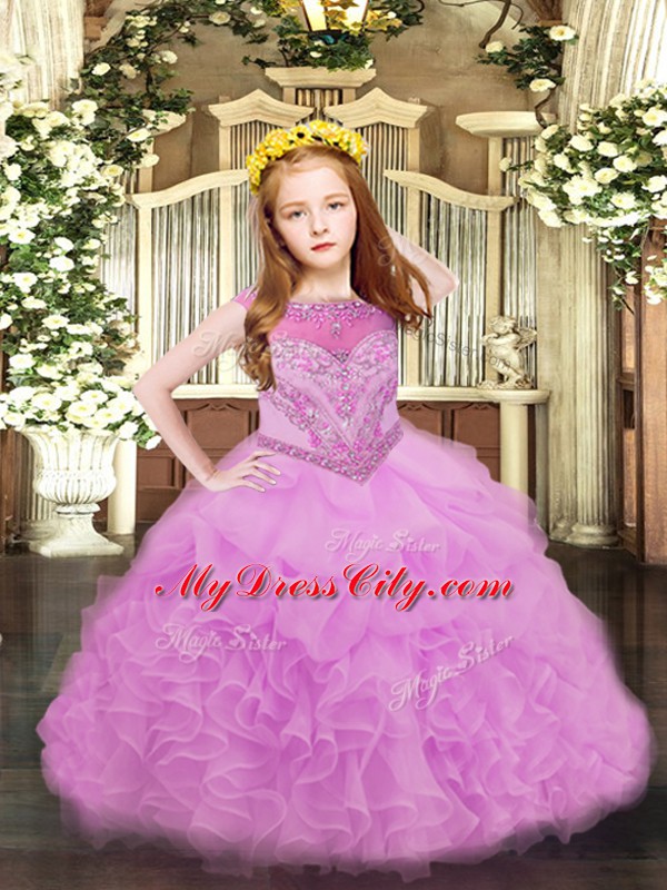 Lovely Sleeveless Floor Length Beading and Ruffles and Pick Ups Zipper Little Girl Pageant Gowns with Lilac