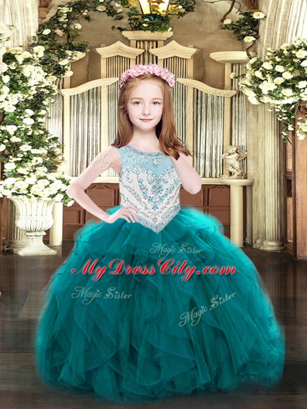 Cheap Teal Ball Gowns Organza Scoop Sleeveless Beading and Ruffles Floor Length Zipper Kids Pageant Dress