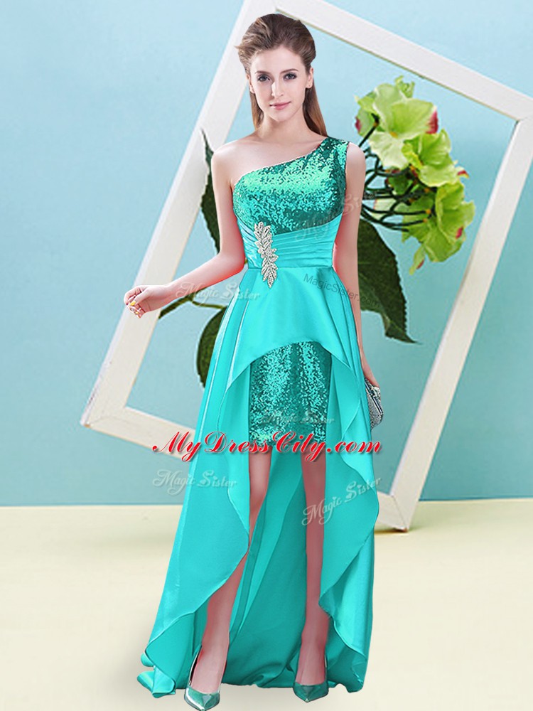 Excellent Sleeveless High Low Beading and Sequins Lace Up Prom Party Dress with Aqua Blue