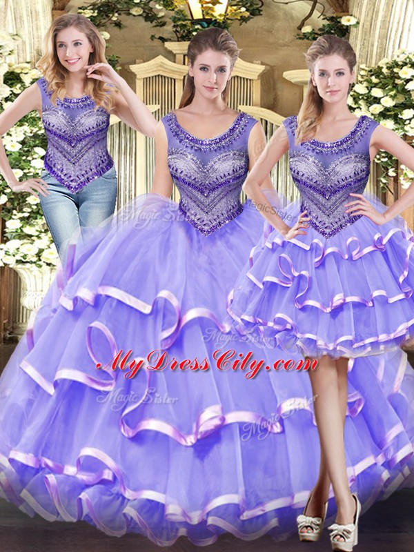 Fantastic Scoop Sleeveless Quinceanera Dresses Floor Length Beading and Ruffled Layers Lavender Tulle