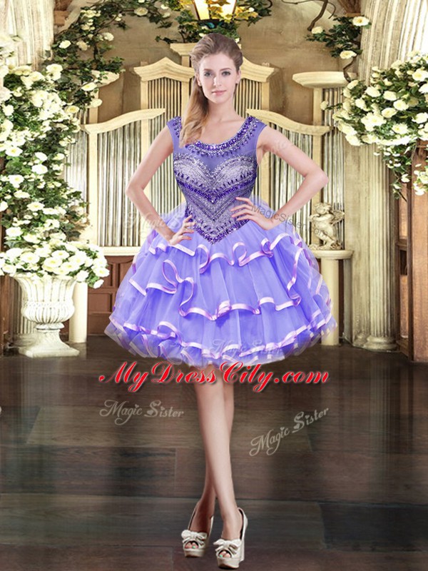 Fantastic Scoop Sleeveless Quinceanera Dresses Floor Length Beading and Ruffled Layers Lavender Tulle