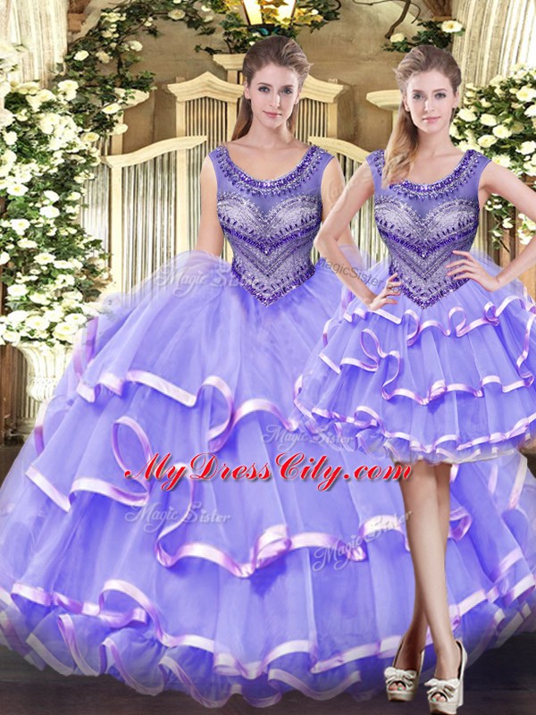 Fantastic Scoop Sleeveless Quinceanera Dresses Floor Length Beading and Ruffled Layers Lavender Tulle