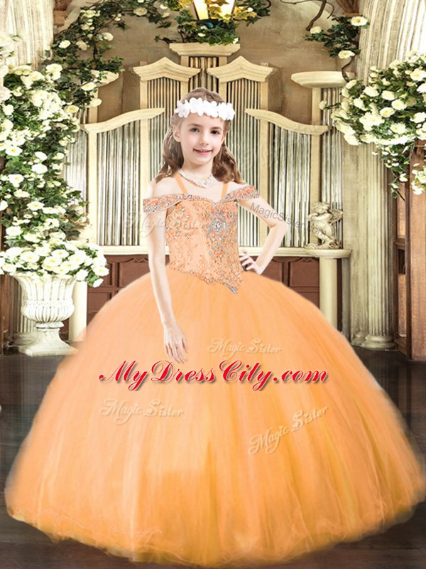 Beading Little Girls Pageant Gowns Orange Lace Up Sleeveless Floor Length