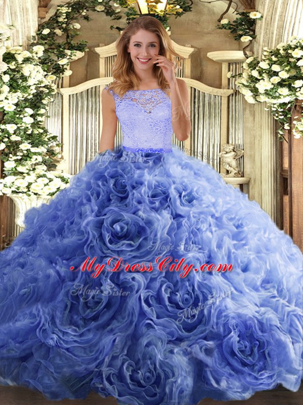 Blue Organza and Fabric With Rolling Flowers Zipper 15th Birthday Dress Sleeveless Floor Length Beading and Lace