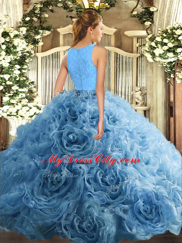 Blue Organza and Fabric With Rolling Flowers Zipper 15th Birthday Dress Sleeveless Floor Length Beading and Lace