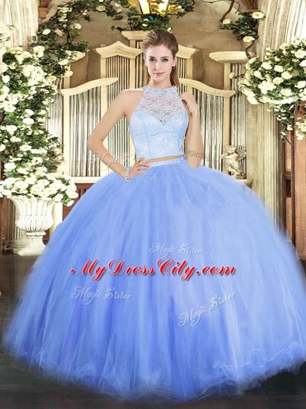 Elegant Blue Two Pieces Tulle Scoop Sleeveless Lace Floor Length Zipper Quinceanera Dress