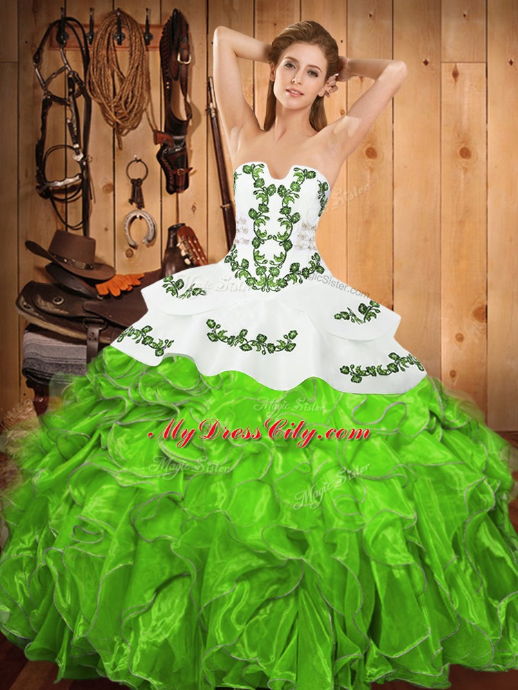 Latest Floor Length Sweet 16 Dress Satin and Organza Sleeveless Embroidery and Ruffles