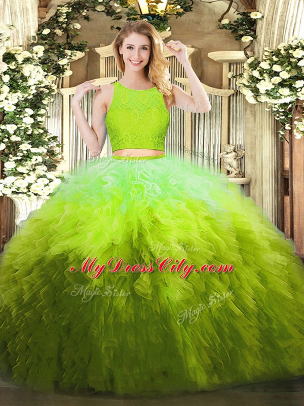 Captivating Olive Green Organza Zipper Quinceanera Gowns Sleeveless Floor Length Lace and Ruffles