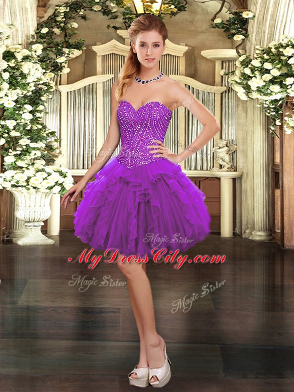 New Style Organza Sweetheart Sleeveless Lace Up Beading and Ruffles in Purple