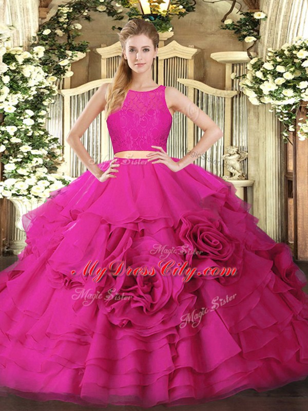 Floor Length Hot Pink Sweet 16 Quinceanera Dress Tulle Sleeveless Ruffles