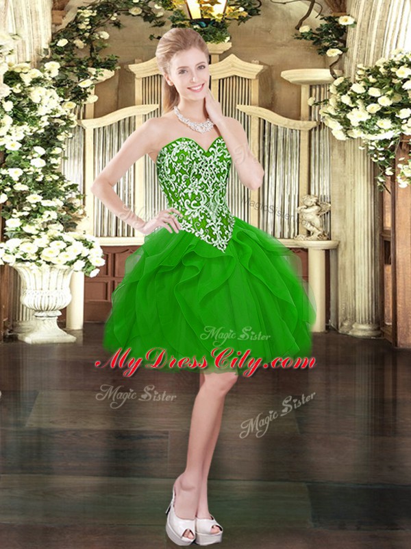 Sweetheart Sleeveless Prom Evening Gown Mini Length Beading and Ruffles Green Tulle