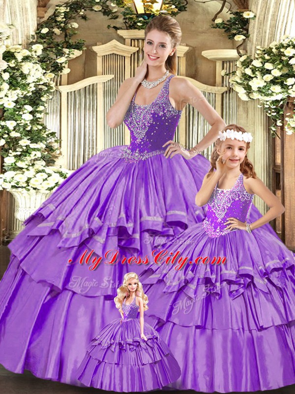 Lilac Organza Lace Up Straps Sleeveless Floor Length 15 Quinceanera Dress Beading and Ruffled Layers