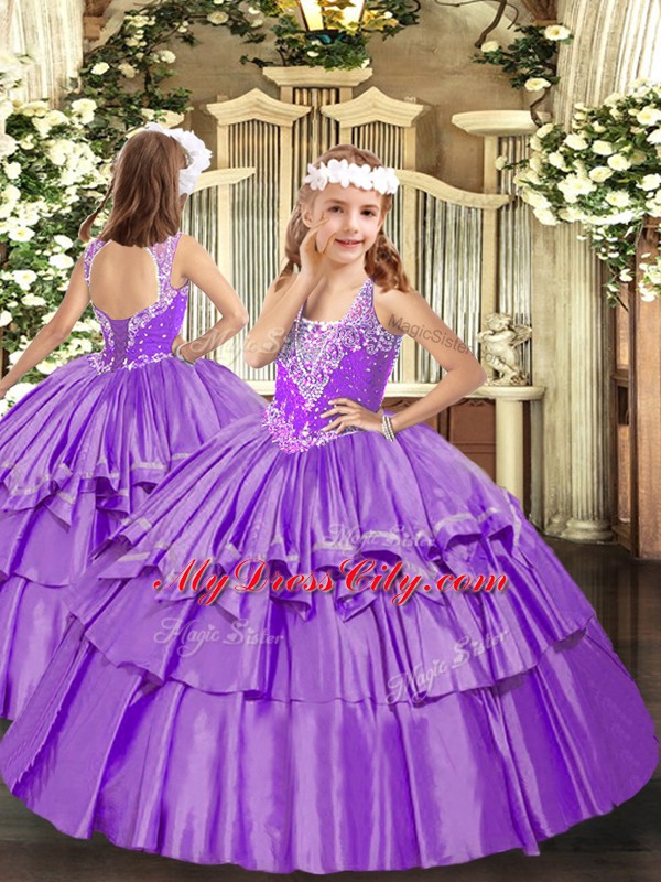 Lilac Organza Lace Up Straps Sleeveless Floor Length 15 Quinceanera Dress Beading and Ruffled Layers