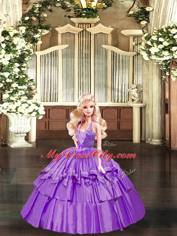 Lilac Organza Lace Up Straps Sleeveless Floor Length 15 Quinceanera Dress Beading and Ruffled Layers