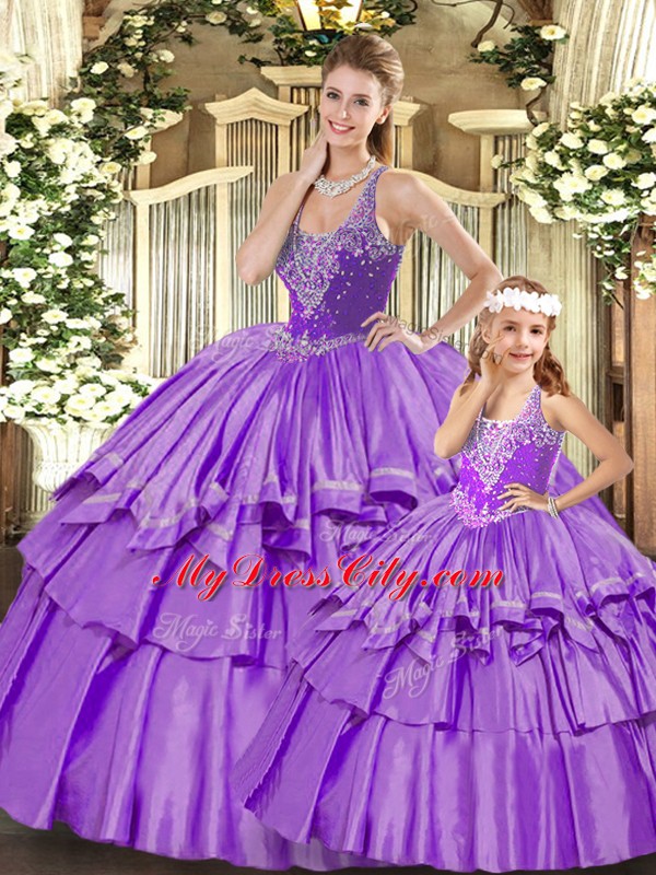 Lilac Organza Lace Up Straps Sleeveless Floor Length 15 Quinceanera Dress Beading and Ruffled Layers