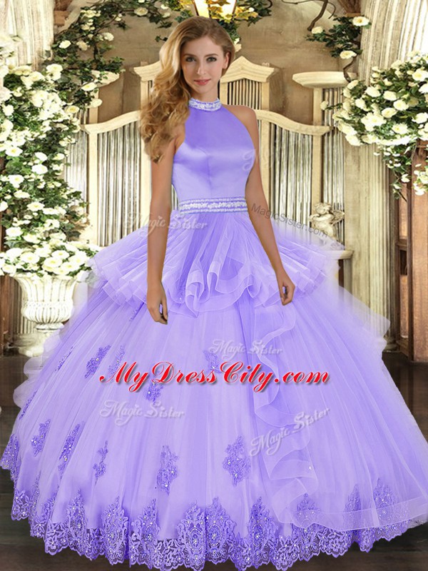 Eye-catching Floor Length Lavender Sweet 16 Dress Halter Top Sleeveless Backless