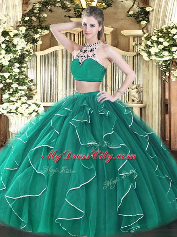 Best Turquoise Two Pieces Beading and Ruffles Quinceanera Dress Backless Tulle Sleeveless Floor Length