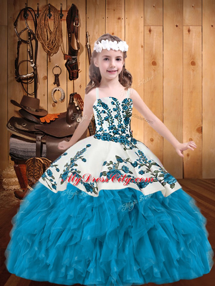 Admirable Straps Sleeveless Lace Up Little Girl Pageant Gowns Baby Blue Organza