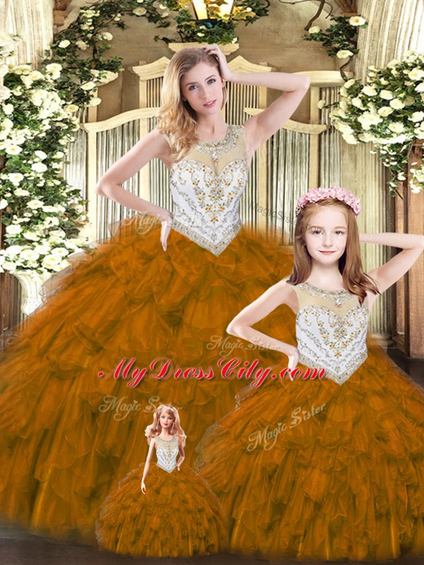 Shining Scoop Sleeveless Lace Up Quinceanera Dress Brown Tulle