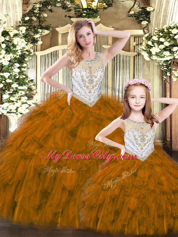 Shining Scoop Sleeveless Lace Up Quinceanera Dress Brown Tulle