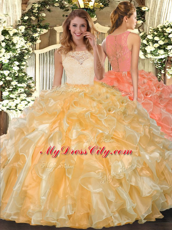 Custom Made Floor Length Ball Gowns Sleeveless Gold Sweet 16 Dresses Clasp Handle