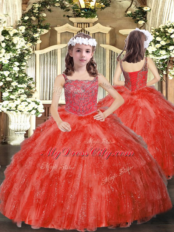 Sleeveless Floor Length Beading and Ruffles Lace Up 15 Quinceanera Dress with Red