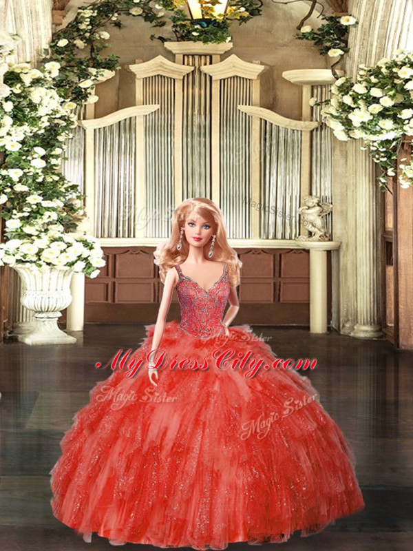 Sleeveless Floor Length Beading and Ruffles Lace Up 15 Quinceanera Dress with Red