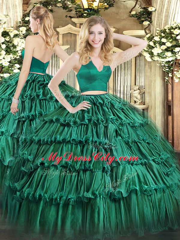 Discount Dark Green Halter Top Neckline Ruffled Layers Quince Ball Gowns Sleeveless Zipper