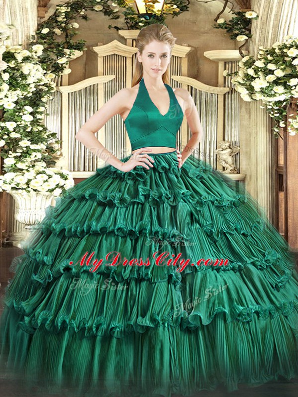 Discount Dark Green Halter Top Neckline Ruffled Layers Quince Ball Gowns Sleeveless Zipper