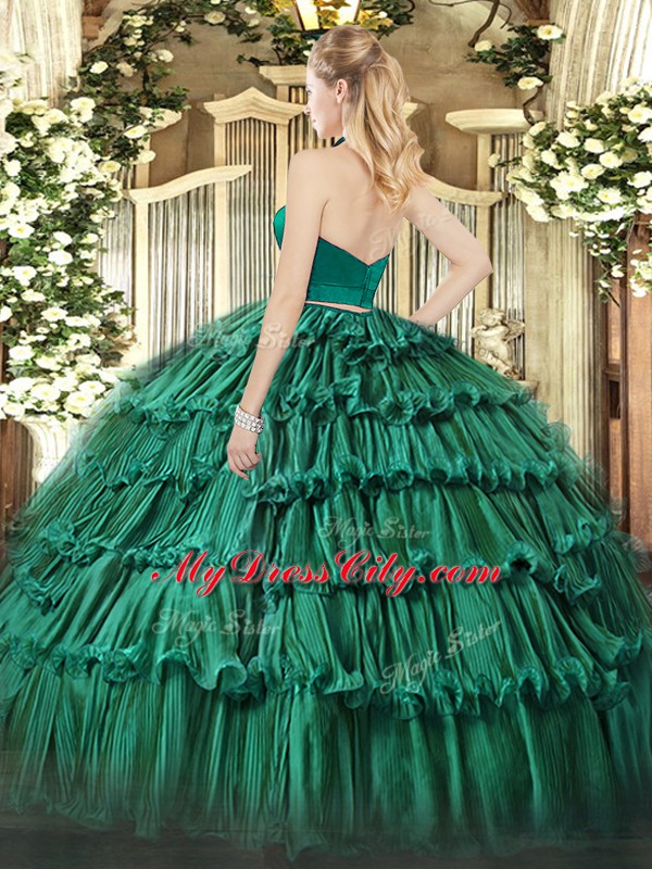 Discount Dark Green Halter Top Neckline Ruffled Layers Quince Ball Gowns Sleeveless Zipper