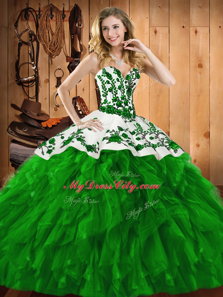 Pretty Green Sweetheart Lace Up Embroidery and Ruffles 15th Birthday Dress Sleeveless