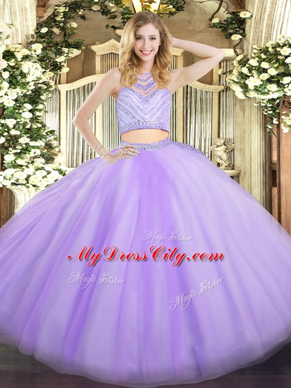 Lavender Tulle Zipper Scoop Sleeveless Floor Length Quinceanera Dresses Beading