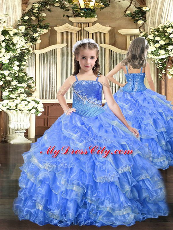 Baby Blue Sleeveless Beading and Ruffled Layers Floor Length Kids Formal Wear