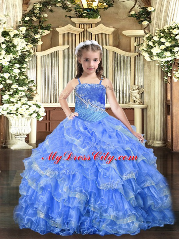 Baby Blue Sleeveless Beading and Ruffled Layers Floor Length Kids Formal Wear