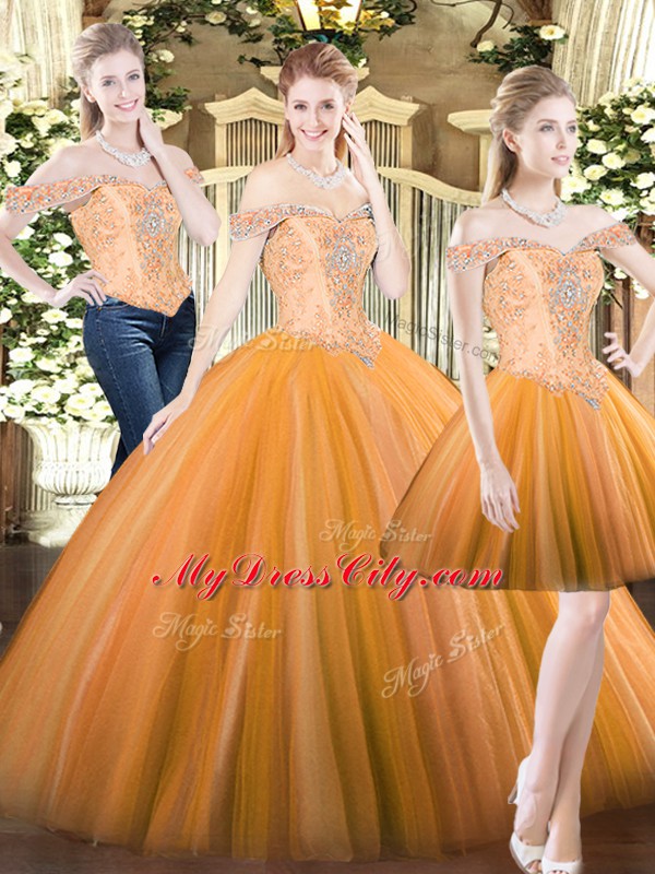 Traditional Sleeveless Tulle Floor Length Lace Up Vestidos de Quinceanera in Orange Red with Beading