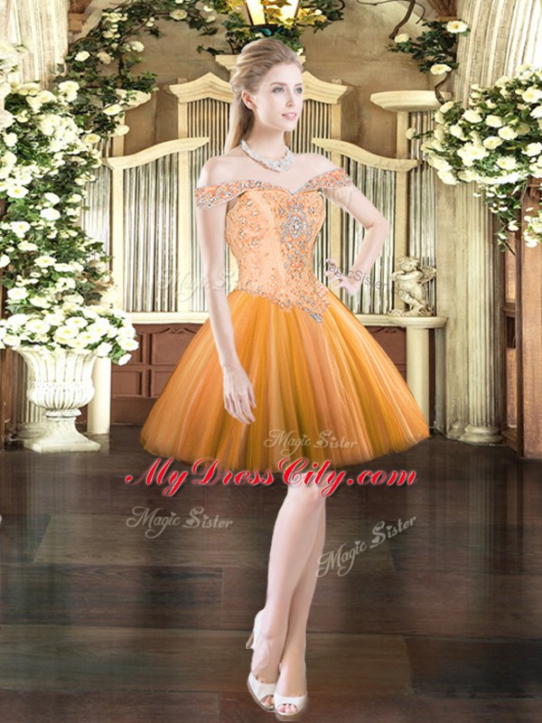 Traditional Sleeveless Tulle Floor Length Lace Up Vestidos de Quinceanera in Orange Red with Beading