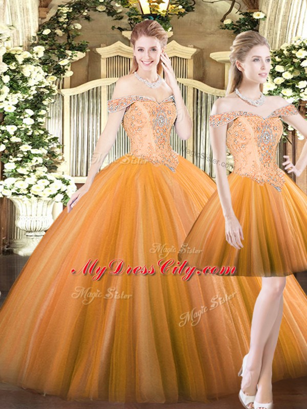 Traditional Sleeveless Tulle Floor Length Lace Up Vestidos de Quinceanera in Orange Red with Beading