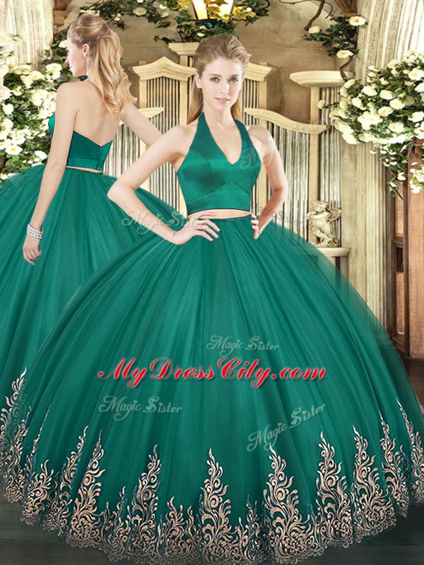 Trendy Halter Top Sleeveless Quinceanera Dress Floor Length Appliques Dark Green Tulle