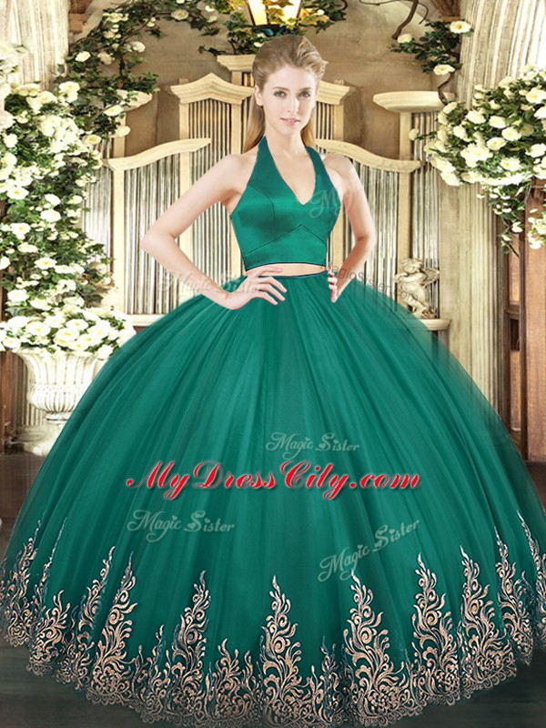 Trendy Halter Top Sleeveless Quinceanera Dress Floor Length Appliques Dark Green Tulle