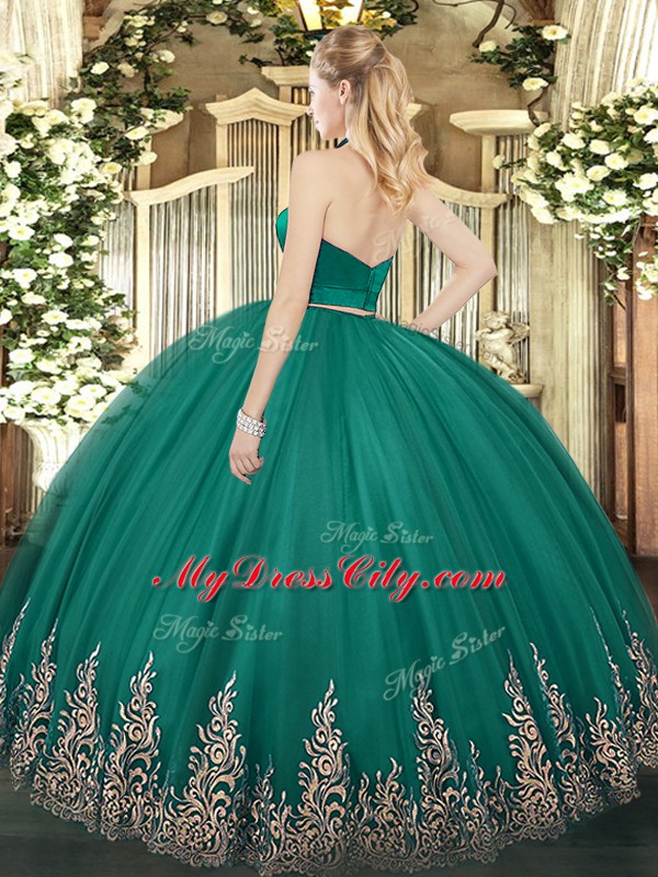 Trendy Halter Top Sleeveless Quinceanera Dress Floor Length Appliques Dark Green Tulle