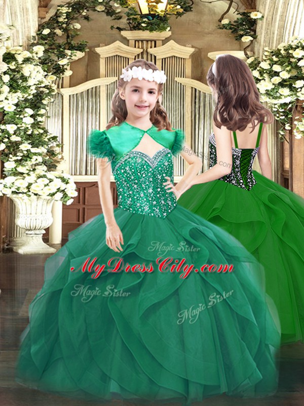 Dark Green Lace Up Straps Beading and Ruffles Pageant Dress for Teens Tulle Sleeveless