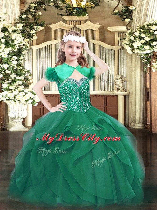 Dark Green Lace Up Straps Beading and Ruffles Pageant Dress for Teens Tulle Sleeveless