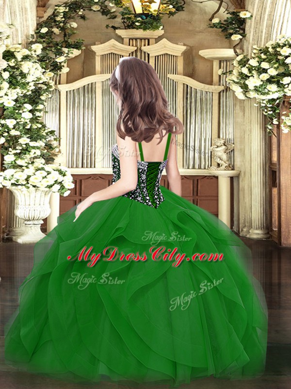 Dark Green Lace Up Straps Beading and Ruffles Pageant Dress for Teens Tulle Sleeveless