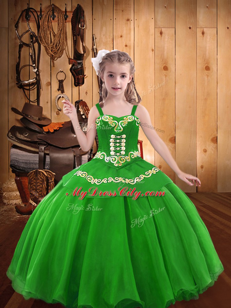 Stunning Green Girls Pageant Dresses Sweet 16 and Quinceanera with Embroidery Straps Sleeveless Lace Up