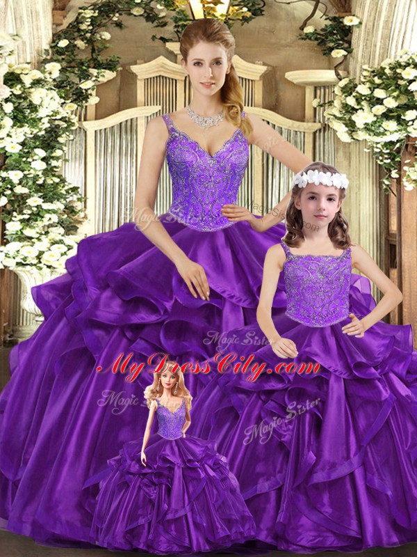 Purple 15 Quinceanera Dress Military Ball and Sweet 16 and Quinceanera with Beading and Ruffles Straps Sleeveless Lace Up