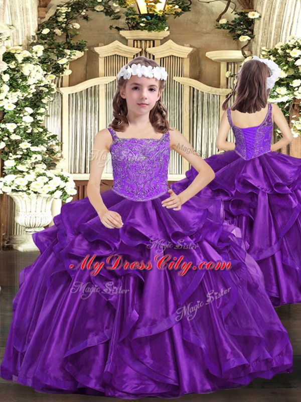 Purple 15 Quinceanera Dress Military Ball and Sweet 16 and Quinceanera with Beading and Ruffles Straps Sleeveless Lace Up